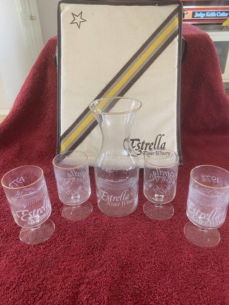 Estrella River Winery 1977 One Year Anniversary Wine Carafe And Glasses