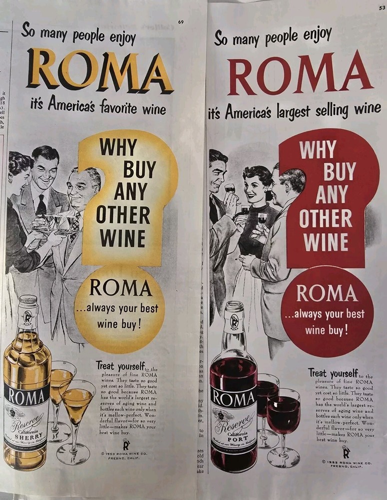 1953 Lot 2 Roma Red White Wine vintage ads