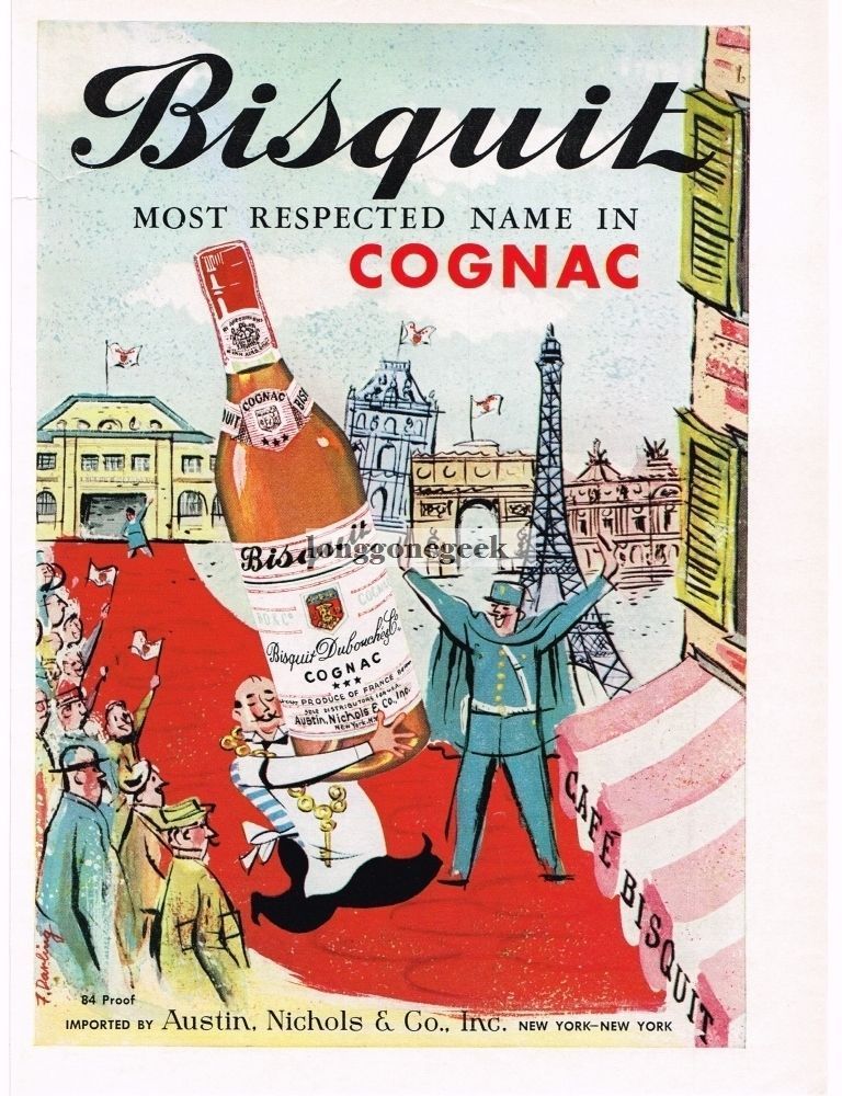 1959 BISQUIT Cognac French Paris art by F. DARLING Vintage Print Ad