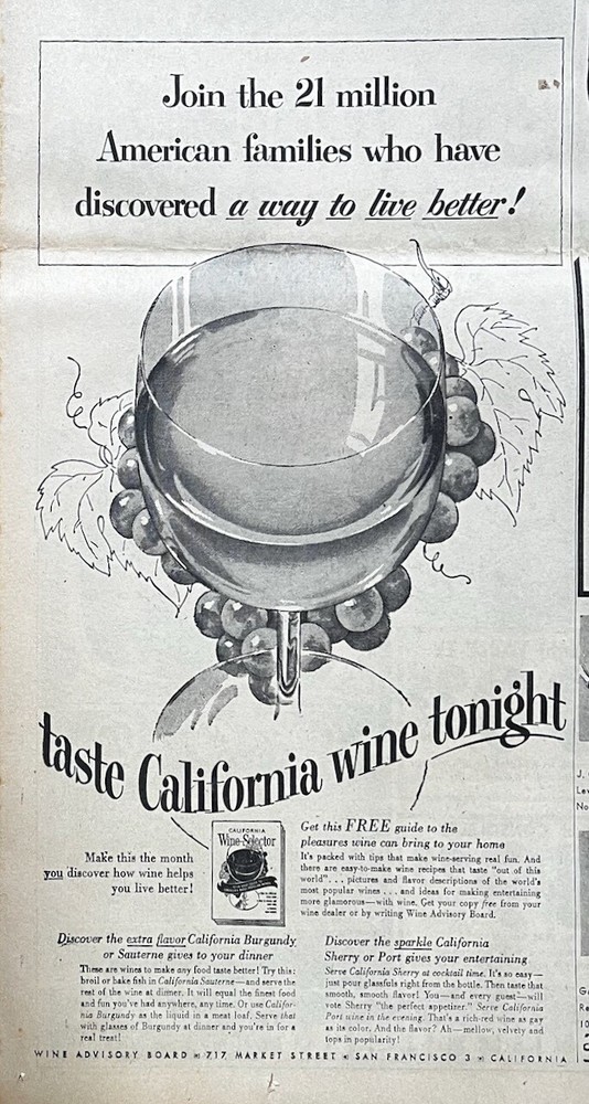 1954 newspaper ad for California Wines – Taste California Wine tonight