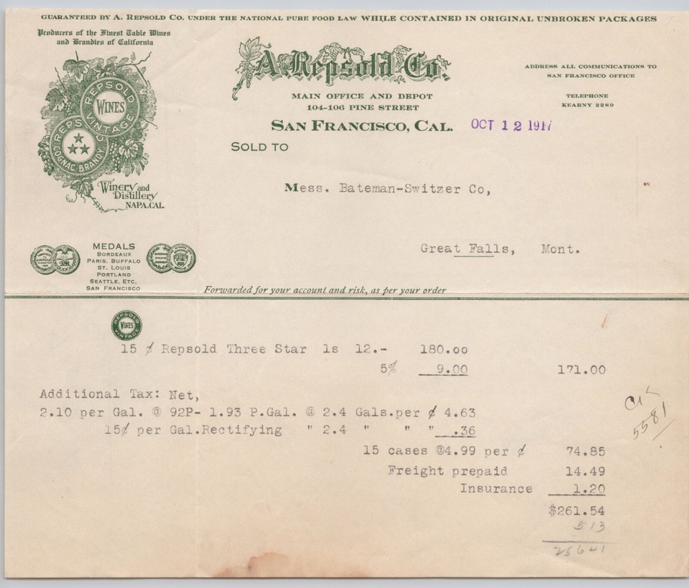 1917 A Repsold Co Napa CA Winery Distillery San Francisco Billhead BH2-16