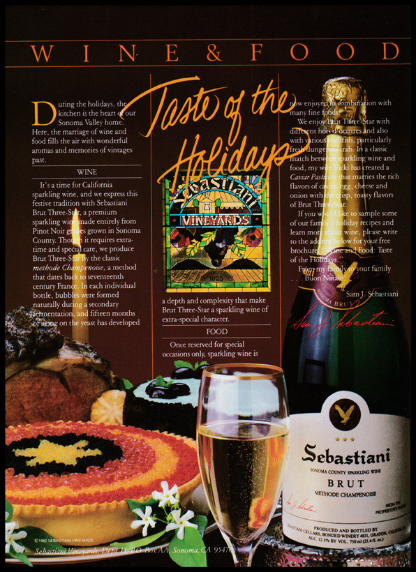 Sebastiani champagne print ad 1983 bottle, glass, desserts