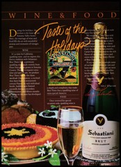 Sebastiani champagne print ad 1983 bottle, glass, desserts