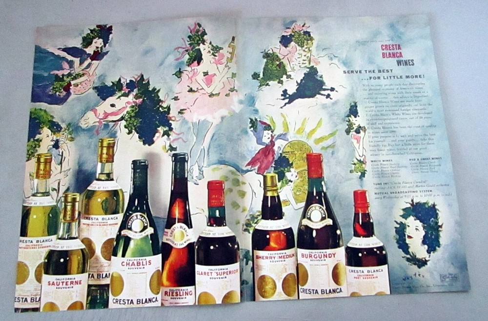 1942 Cresta Blanca Wine Original Centerfold Color Print Ad