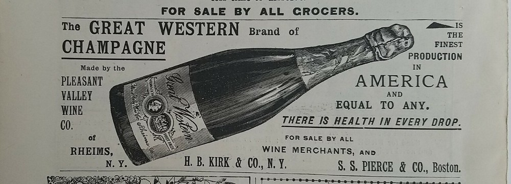 1897 Great Western brand champagne bottle Pleasant Valley Wine Co vintage ad