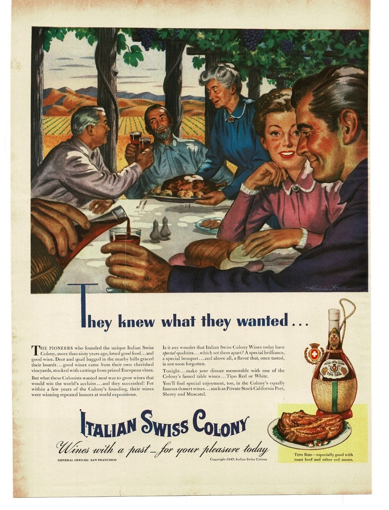 1945 Italian Swiss Colony Wine at Mealtime art by Haines Hall Vintage Print Ad
