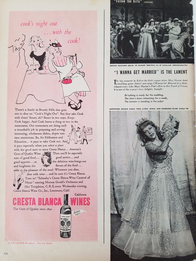 1944 Cresta Blanca Wine Night Out With The Cook Original Ad