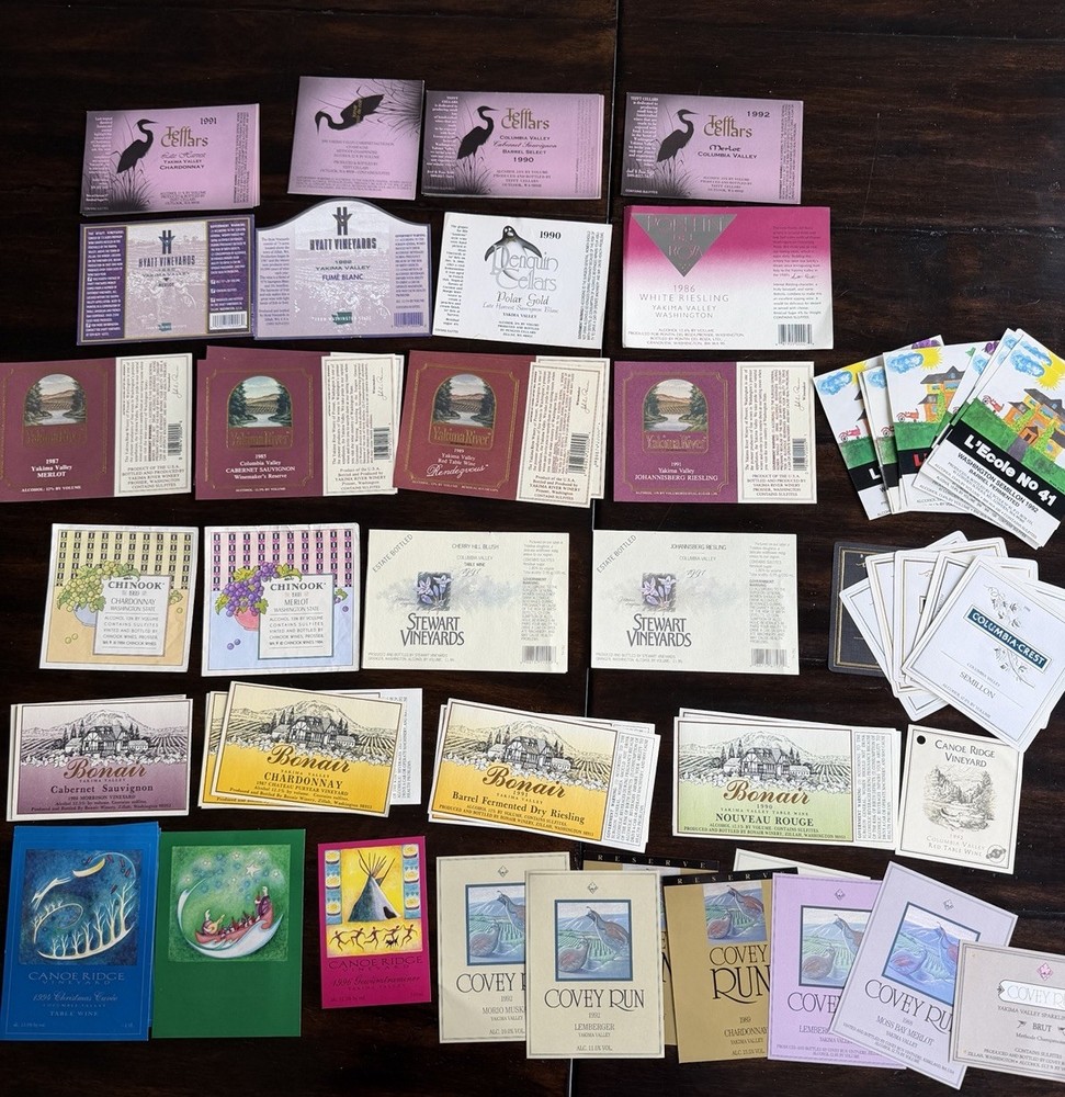 Lot Of 65+ WASHINGTON Wine Labels 1970s, 80s, 90s. Winery Vineyard Yakima, Tefft