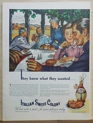 1945 magazine ad for Italian Swiss Colony Wines – Colonists drink Tipo Red