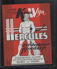 1920 DUTCH ZUIVERE DRUIVEN KINA WIJN HERCULES BOOZ BOTTLE LABEL KLOEK en STERK