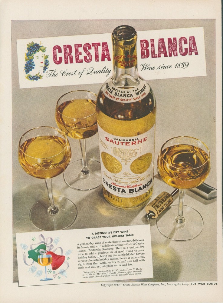 1944 Cresta Blanca California Sauterne Wine Cork Glasses Vintage Print Ad L22