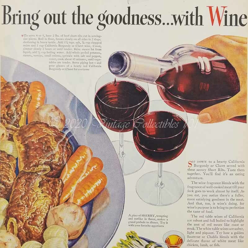 1945 California Red Wine Burgundy Claret Dinner Food photo art decor print ad