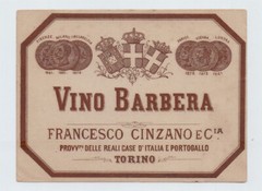 ITALY OLD WINE VINO BARBERA CINZANO UNUSED LABEL ca. 1890