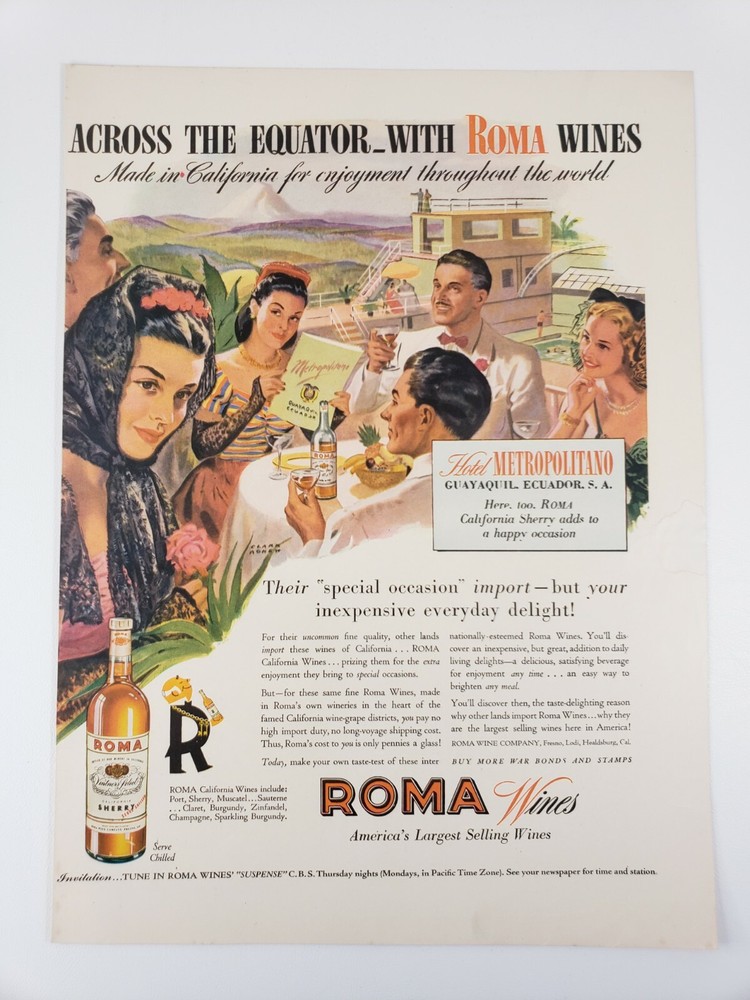 1944 ROMA Wines Print Ad Hotel Metropolitano – CLARK AGNEW Art WWII Era VINTAGE
