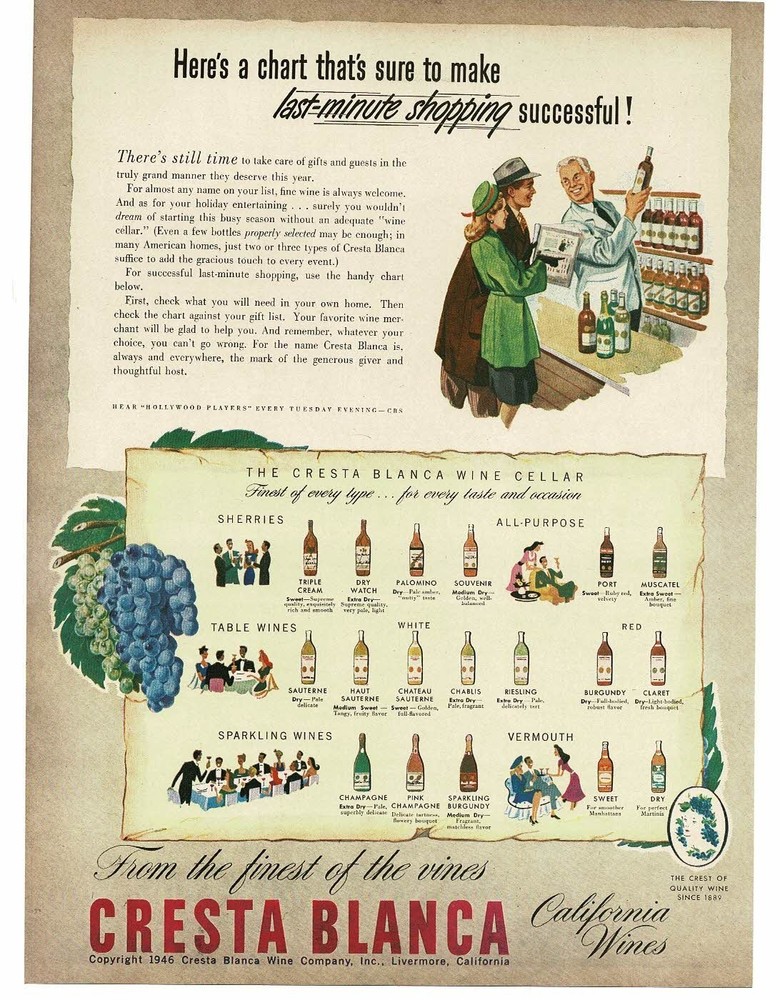 1946 Cresta Blanca Wine selections Sherries Table Sparkling Vintage Print Ad