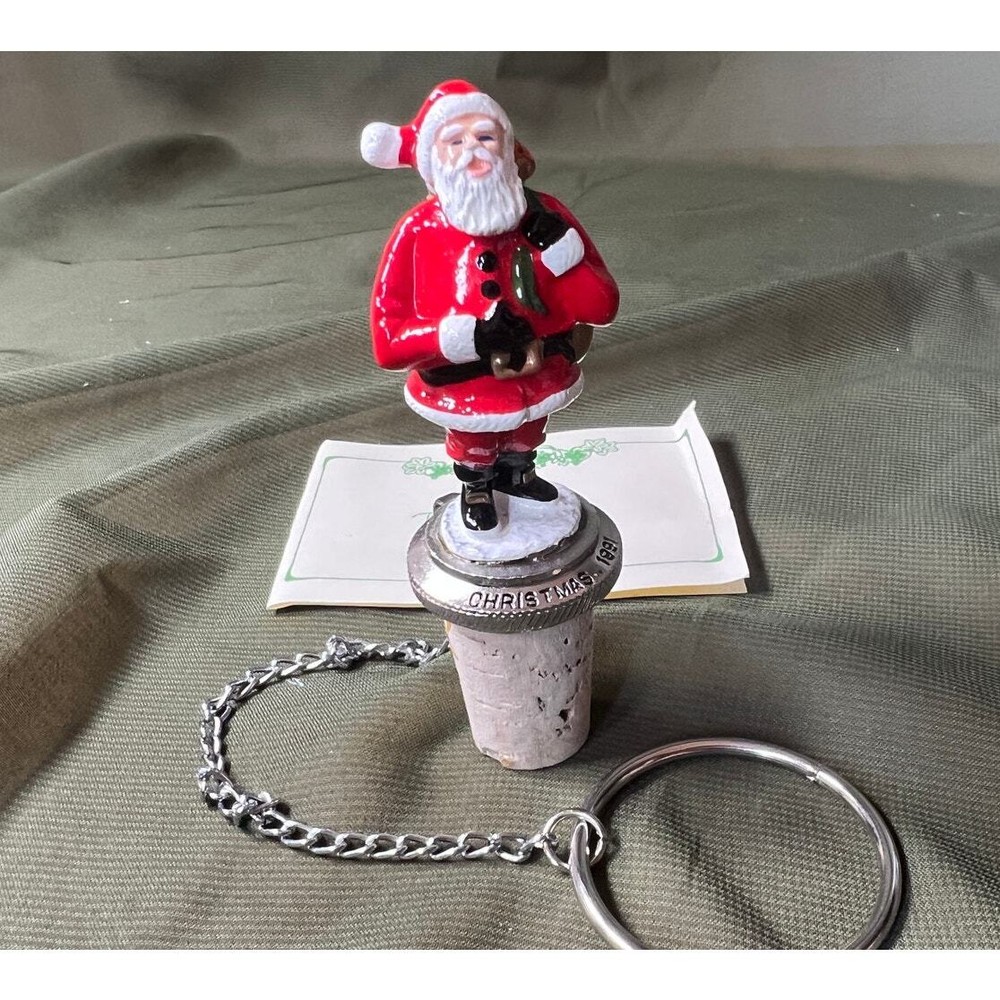 Wine Things Unlimited Pewter Painted Santa 1991 Bottle Stopper Cork Chain