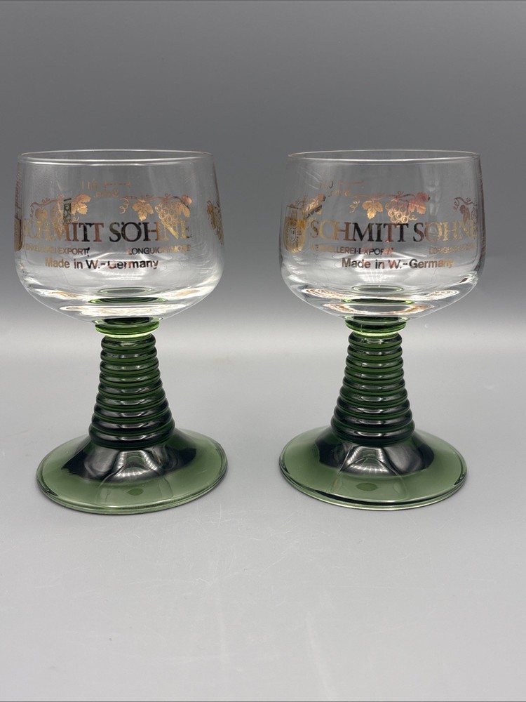 Schmitt Sohne Winery 0.1L German Wine Glasses Clear Green Ribbed Stem Set Of 2