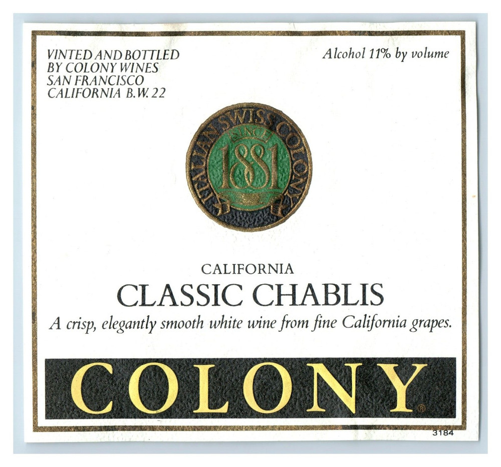 1970&rsquo;s-80&rsquo;s Colony Wines Classic Chabis California Wine Label Original S8