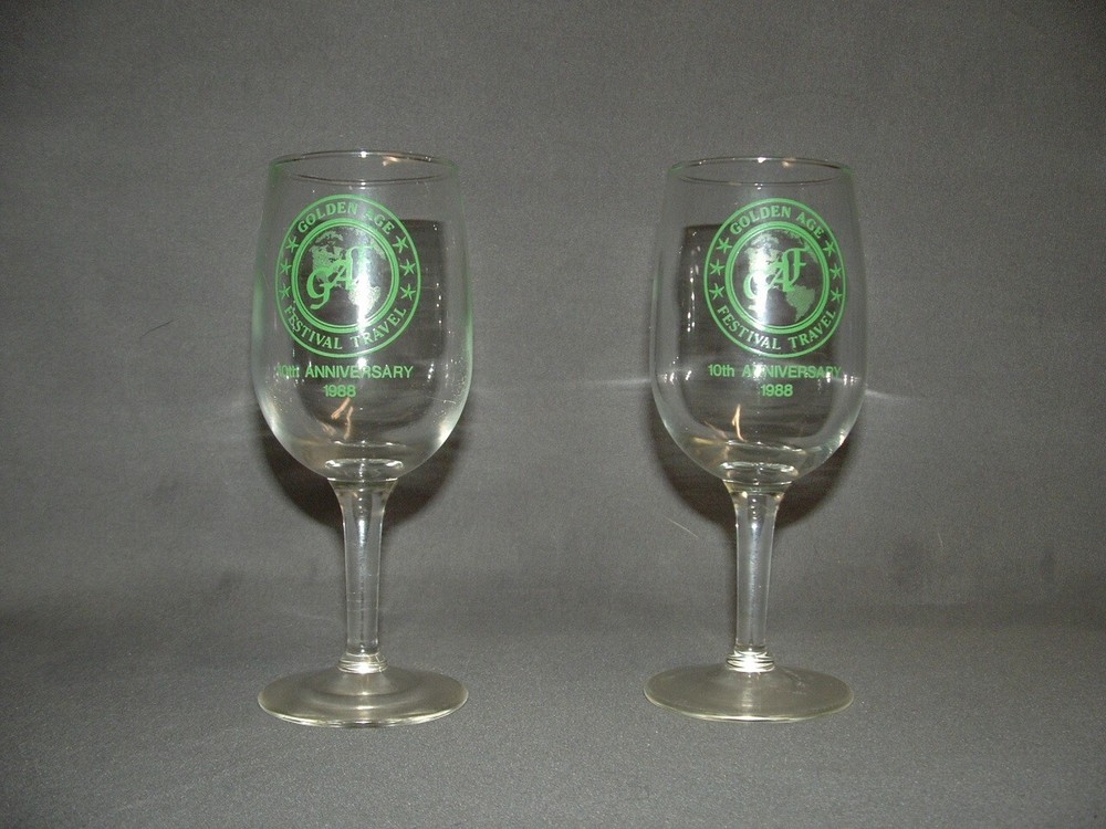 Vtg Golden Age Festival Travel 1988 10th anniversary commemorative wine glasses