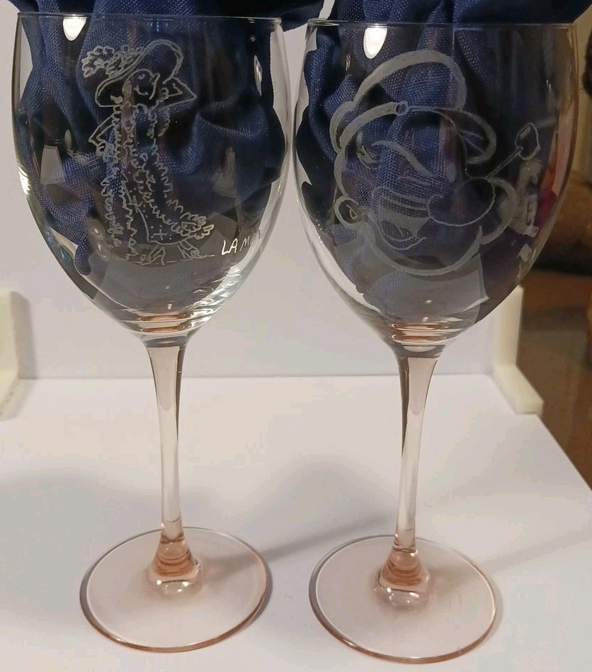 2 Rare-Popeye And Olive Oil Etched Wine Glasses With Pink Stems- Signed By Lamm