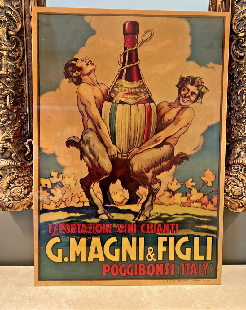 Vintage GUSTAVO MAGNI & FIGLI CHIANTI WINE ADVERTISEMENT on WOOD PANEL