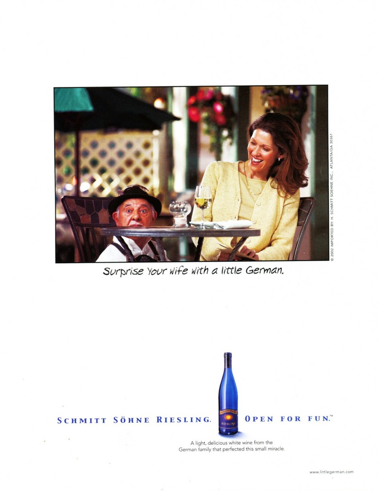 SCHMITT SOHNE WINE AD #2 RARE 2002 OOP « SURPRISE YOUR WIFE WITH A LITTLE GERMAN »