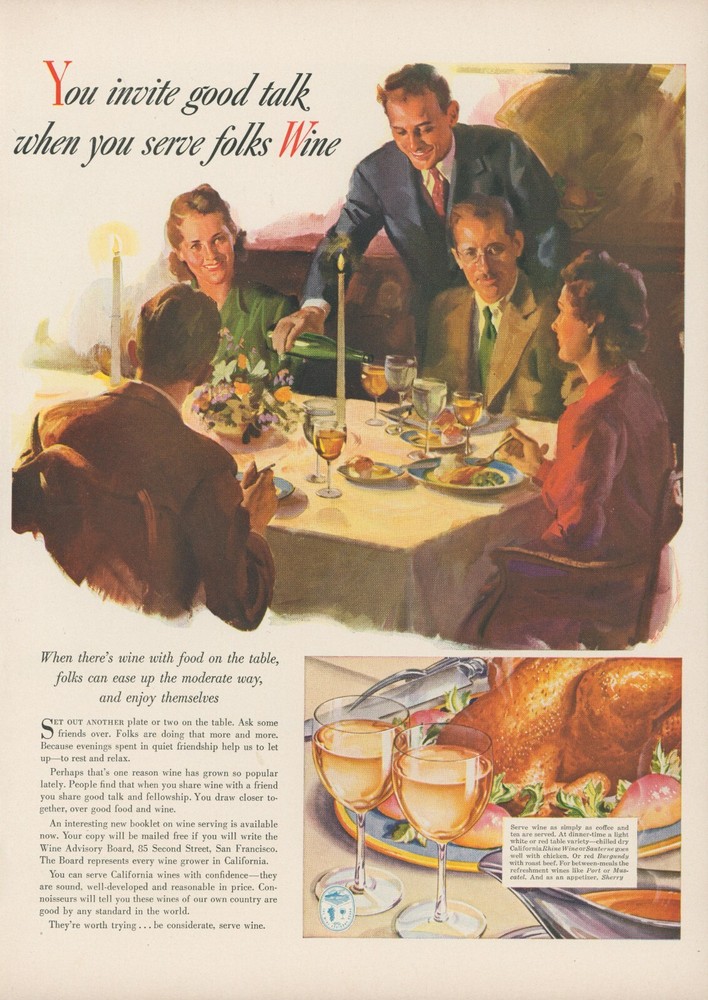 1941 California Wine Advisory Board Thanksgiving Dinner Wine Types Print Ad L5