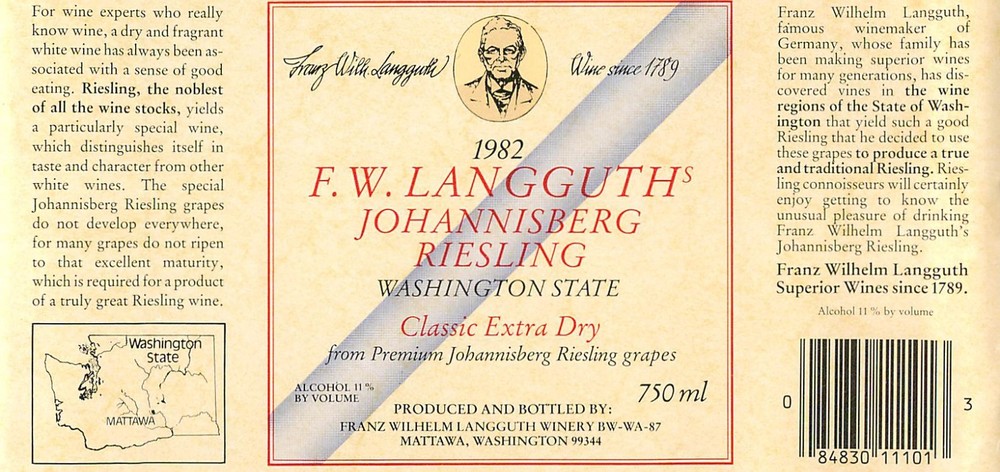 F.W. Langguth&rsquo;s Johannisberg Riesling Mattawa WA 1982 1980s Vtg Wine Label