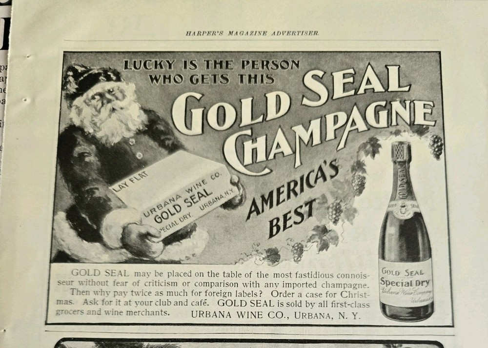 1900 Gold Seal Champagne Lucky person who gets Santa Claus vintage ad
