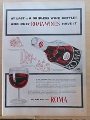 1954 magazine ad for Roma Wines – At last A Dripless Wine Bottle! no more stains