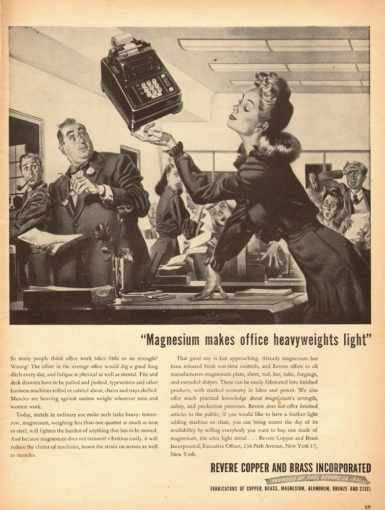 1941 Ad, REVERE COPPER BRASS, magnesium,adding machine pretty girl art, 061714