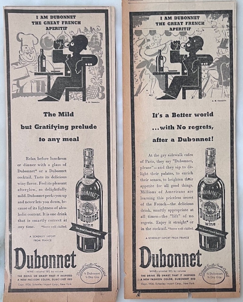 Two 1936 newspaper ads for Dubonnet Wine – No regrets after, mild but gratifying
