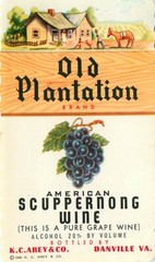 1940 Vintage Wine Label Old Plantation Scuppernong Wine KC Arey Co Danville Va