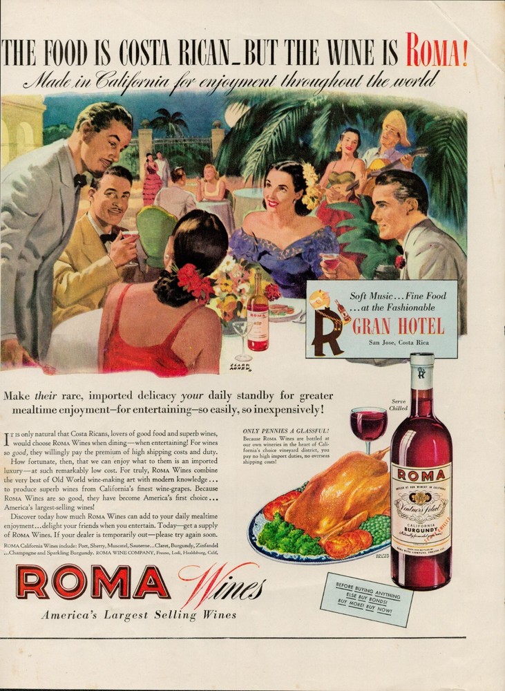 1944 California Wines Roma Vintage Print Ad Costa Rica Gran Hotel Burgundy