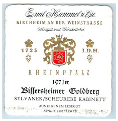 1960&rsquo;s-80&rsquo;s Billersheimer Goldberg Sylvaner German Wine Label S71E