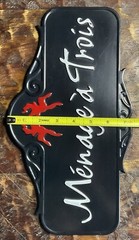 Ménage à Trois Black Metal Barware Sign with Playful Red Twin Dancers Logo