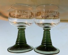 2 Vintage Schmitt Sohne West German Wine Goblet Cordial Glasses Clear Green Stem