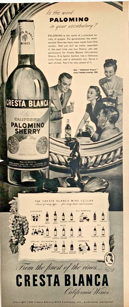 1946 Cresta Blanca Wine Palomino Sherry Print Ad 13in x 6 in