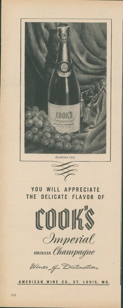 1944 Cooks Imperial Champagne American Wine Bottle Grapes Vintage Print Ad L22