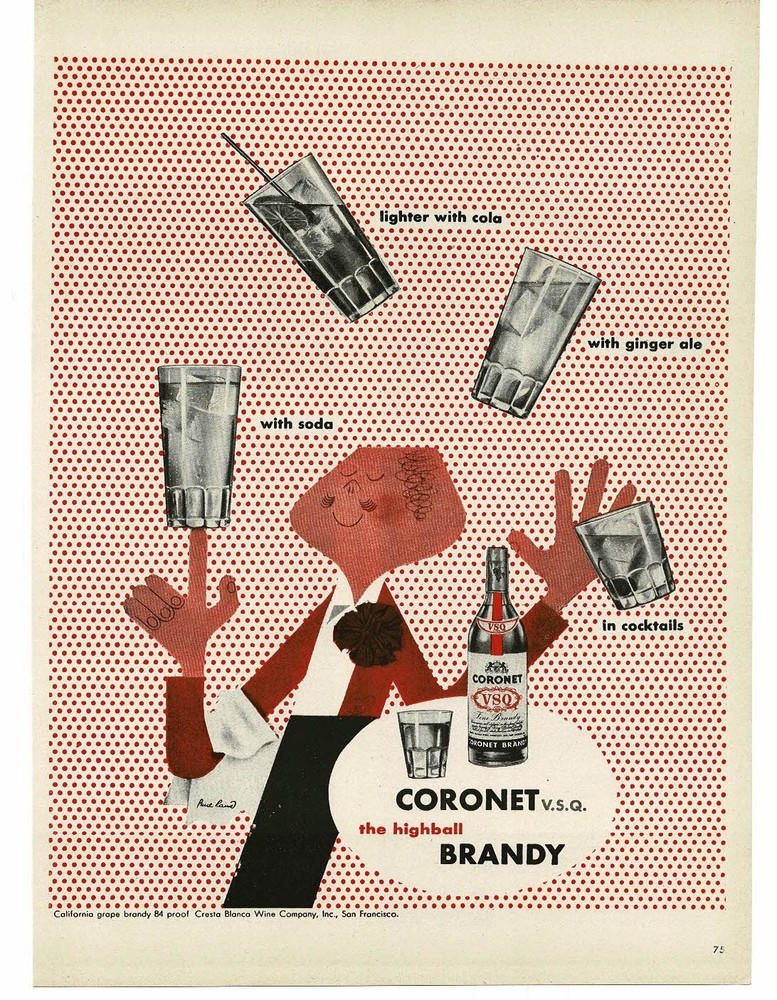 1946 Coronet V.S.Q. Brandy Cocktails art by Paul Rand Vintage Print Ad