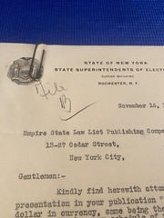 Vintage 1912 NEW YORK STATE SUPERINTENDENTS OF ELECTIONS LETTERHEAD LETTER OLD