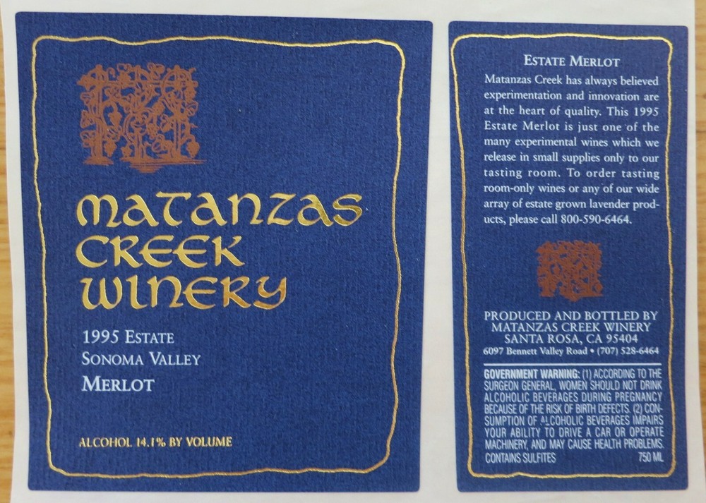 wine labels USA MATANZAS CREEK Winery 1995 MERLOT Estate Sonoma Valley