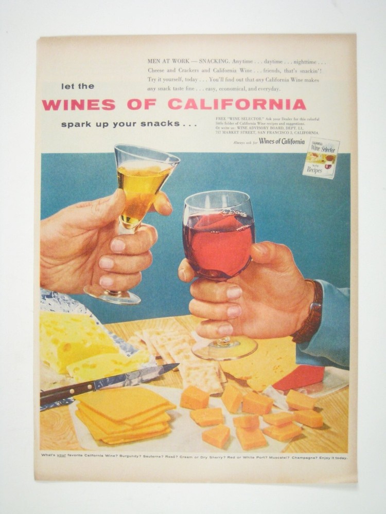 Vintage 1956 Print Advertisement Wines Of California Spark Up Your Snacks Chesse