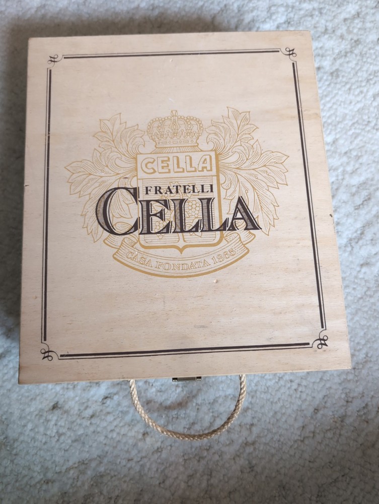 Vintage Fratelli Cella Wooden Wine Box 3-Bottle Gift Pack Edition Rope Handle