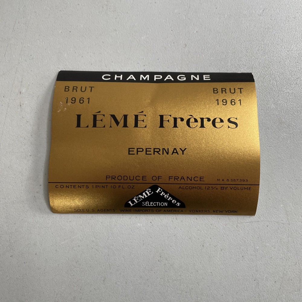 Vintage Wine Bottle Label — Leme Freres Champagne Epernay Brut 1961 France