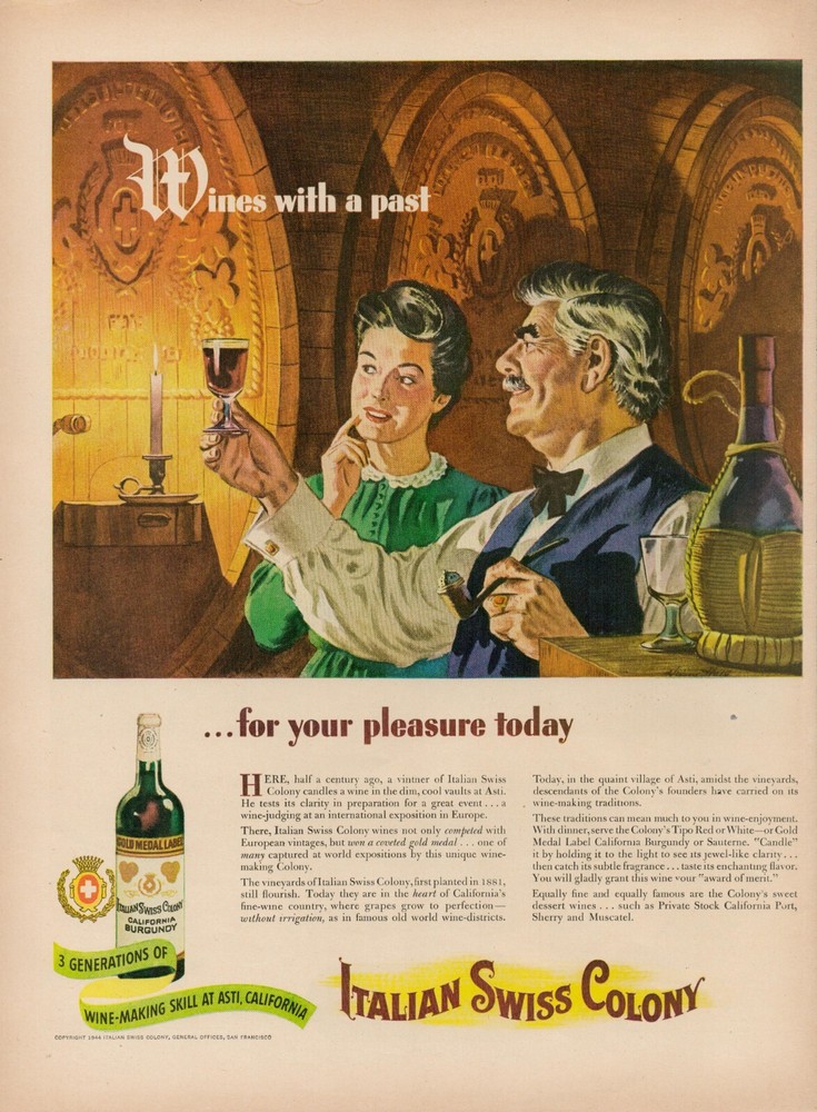1944 Wine Alcohol Italian Swiss Colony 1940s Vintage Print Ad Barrels Candle Lit
