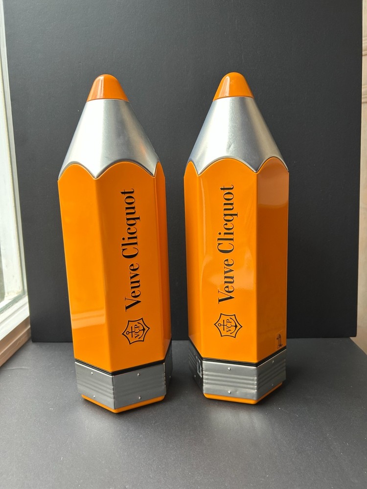 TWO VEUVE CLICQUOT CHAMPAGNE PENCIL ORANGE METAL TIN CARRIER / CHAMPAGNE / BAR