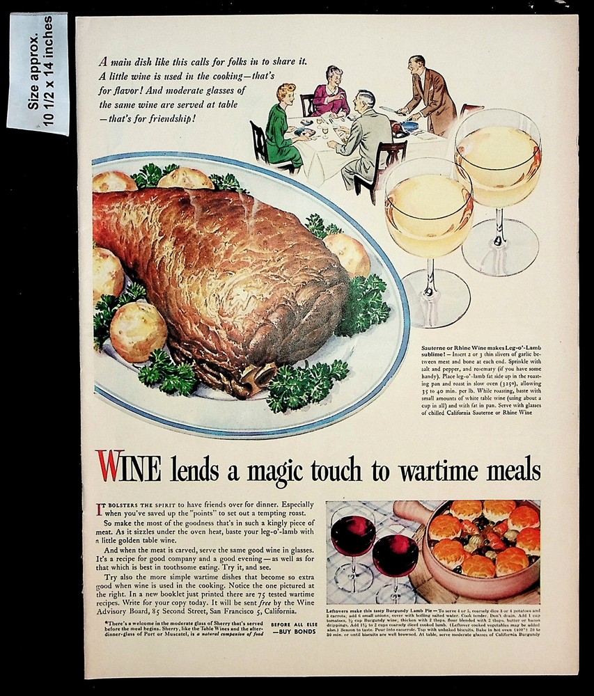 1944 Wine Advisory Board War Time Meals Drink Roast Lamb Vintage Print Ad 38568