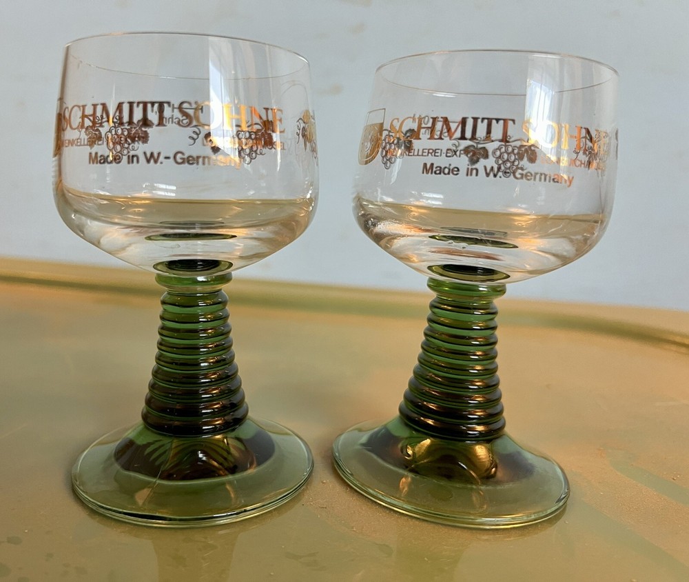 2 Vintage Schmitt Sohne West German Wine Goblet Cordial Glasses Clear Green Stem