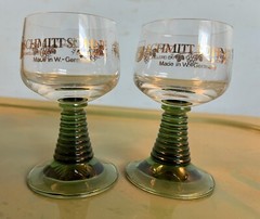 2 Vintage Schmitt Sohne West German Wine Goblet Cordial Glasses Clear Green Stem